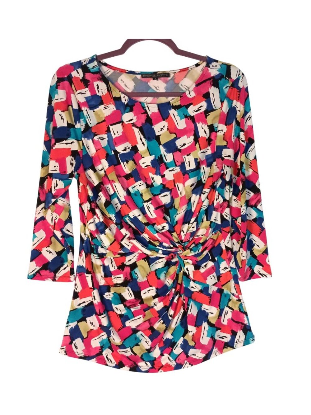 Preston & York Womens M Abstract Print Ruched Quarter Sleeve Blouse Colorful Top